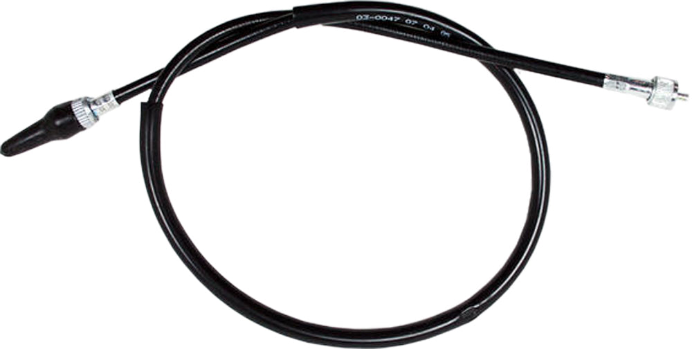 Black vinyl motorcycle speedometer cable by Motion Pro, model 03-0047, designed for smooth speedometer operation.