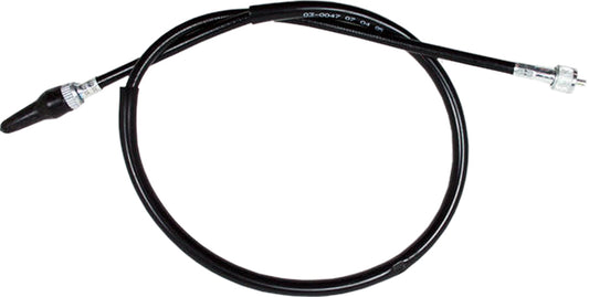 Black vinyl motorcycle speedometer cable by Motion Pro, model 03-0047, designed for smooth speedometer operation.