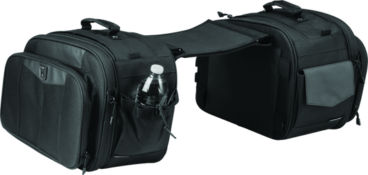 Kuryakyn Momentum Outrider Saddlebags on a motorcycle, showing waterproof leather storage with adjustable straps.