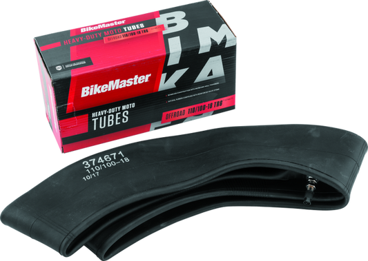 BikeMaster 110/100-18 TR6 heavy-duty inner tube for motorcycle tires, showing the durable rubber construction and valve stem.