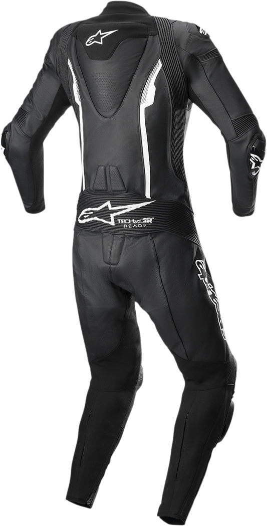 Alpinestars Stella Missile 1-Piece Motorcycle Suit in black and white, US size 6, EU size 42, displayed on a mannequin.