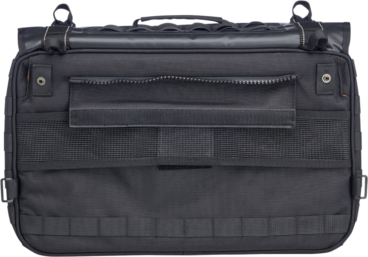 Black Biltwell EXFIL-36 Saddlebags attached to motorcycle, showing sleek leather design and sturdy hardware for secure storage.