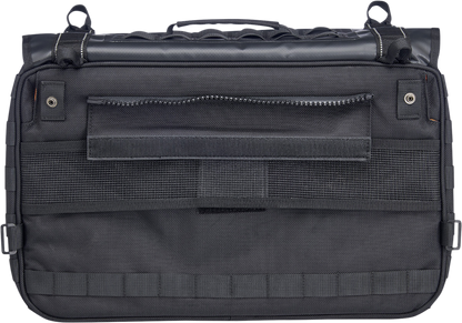 Black Biltwell EXFIL-36 Saddlebags attached to motorcycle, showing sleek leather design and sturdy hardware for secure storage.
