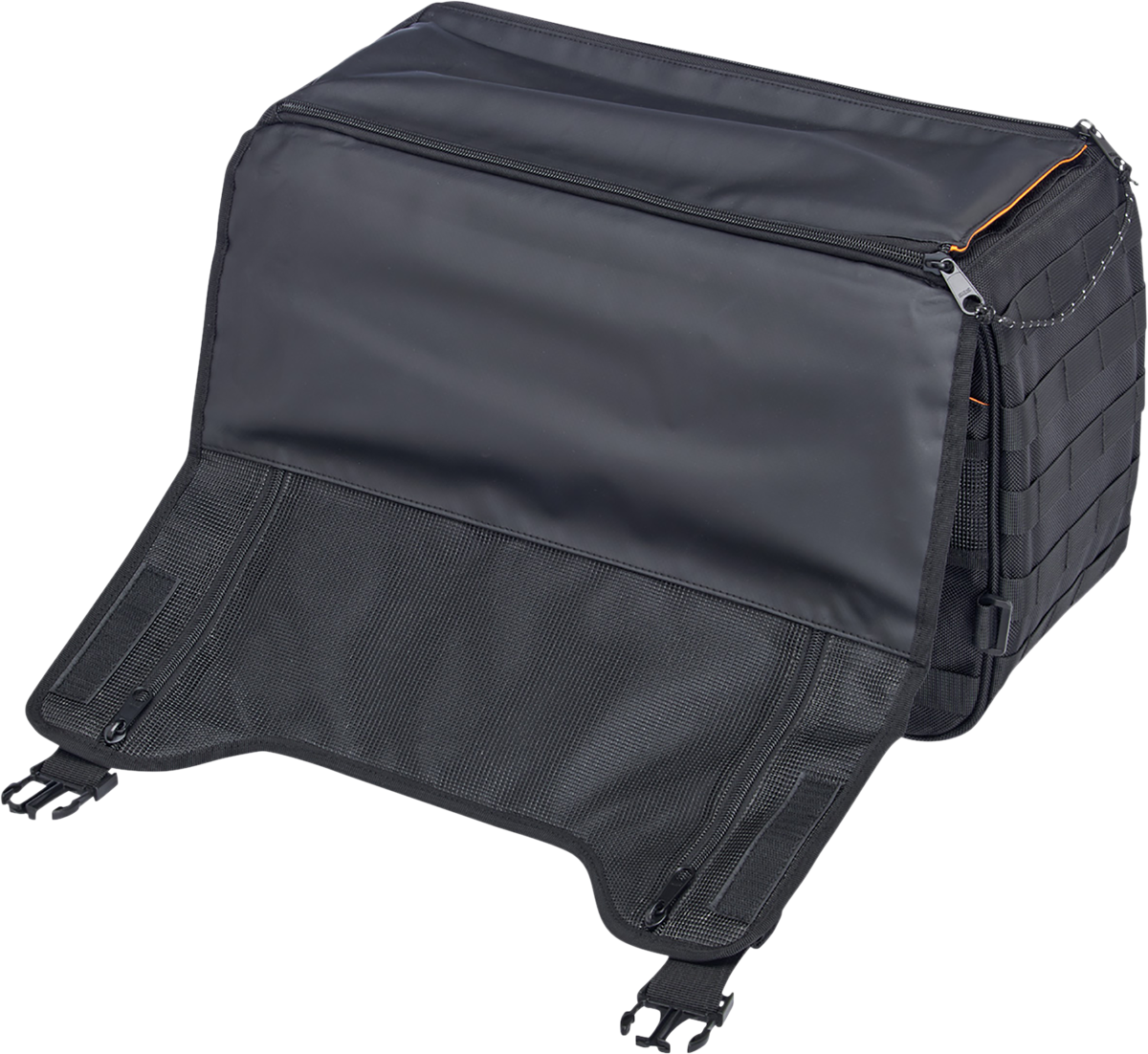 Black Biltwell EXFIL-36 Saddlebags on motorcycle, featuring durable leather construction and secure mounting straps.