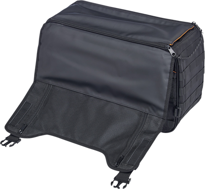 Black Biltwell EXFIL-36 Saddlebags on motorcycle, featuring durable leather construction and secure mounting straps.