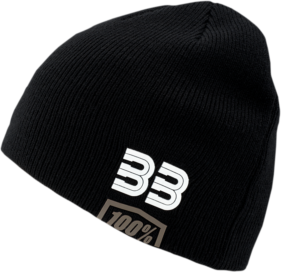 Bill's Exhausts 100% BB33 beanie in one size, black knit fabric with subtle logo embroidery, casual winter headwear.