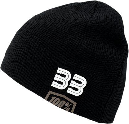 Bill's Exhausts 100% BB33 beanie in one size, black knit fabric with subtle logo embroidery, casual winter headwear.