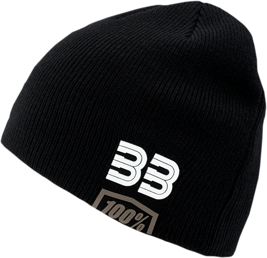 Bill's Exhausts 100% BB33 beanie in one size, black knit fabric with subtle logo embroidery, casual winter headwear.
