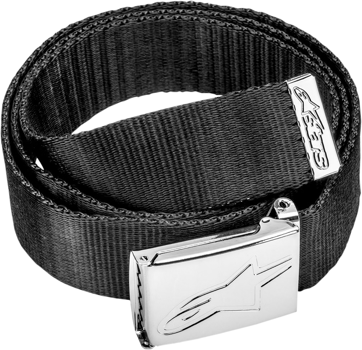 Alpinestars Ageless Web Belt in black and chrome with adjustable strap and metal buckle, designed for casual and motorcycle wear.