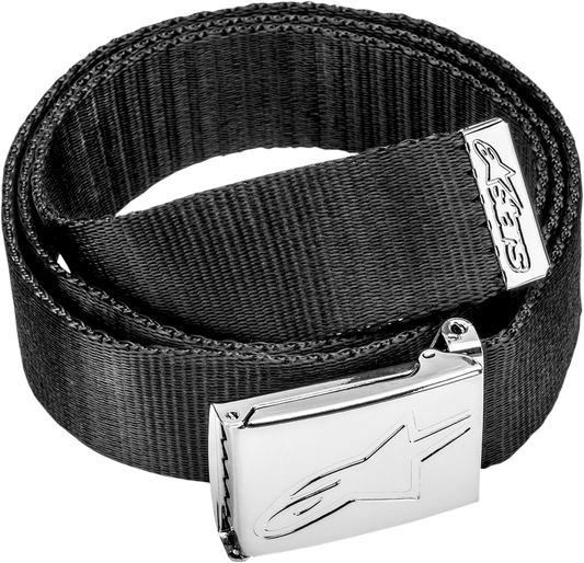 Alpinestars Ageless Web Belt in black and chrome with adjustable strap and metal buckle, designed for casual and motorcycle wear.