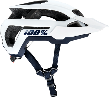 White 100% Altec bicycle helmet in XS/S size with adjustable straps and ventilation, designed for safety and comfort.