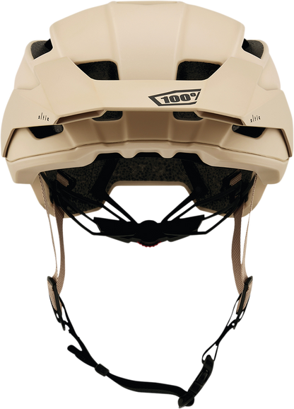 Bill's Exhausts 100% Altis bicycle helmet in tan, size S/M, with C/E safety certification, shown from the front.