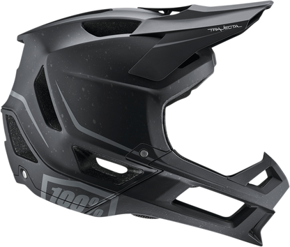 Black 100% Trajecta bicycle helmet with Fidlock buckle in medium size, featuring a sleek design and adjustable straps.