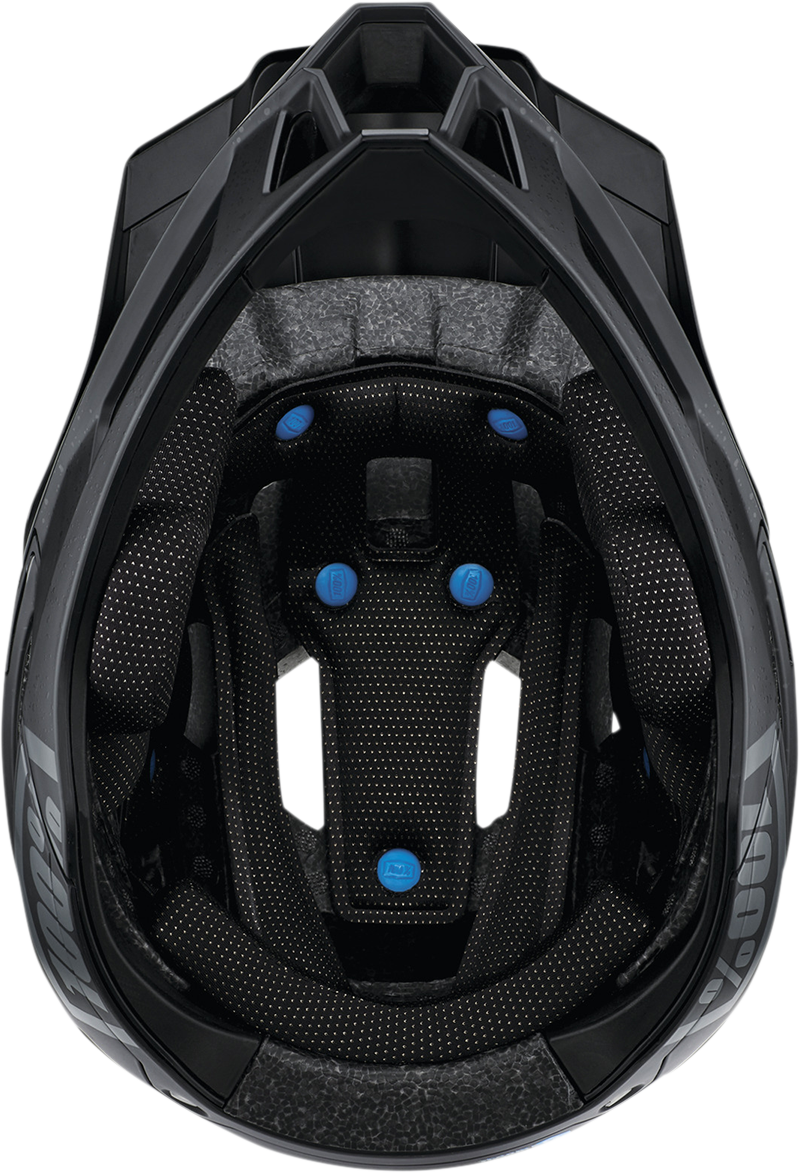 Black 100% Trajecta bicycle helmet with Fidlock buckle in medium size, designed for safe cycling.