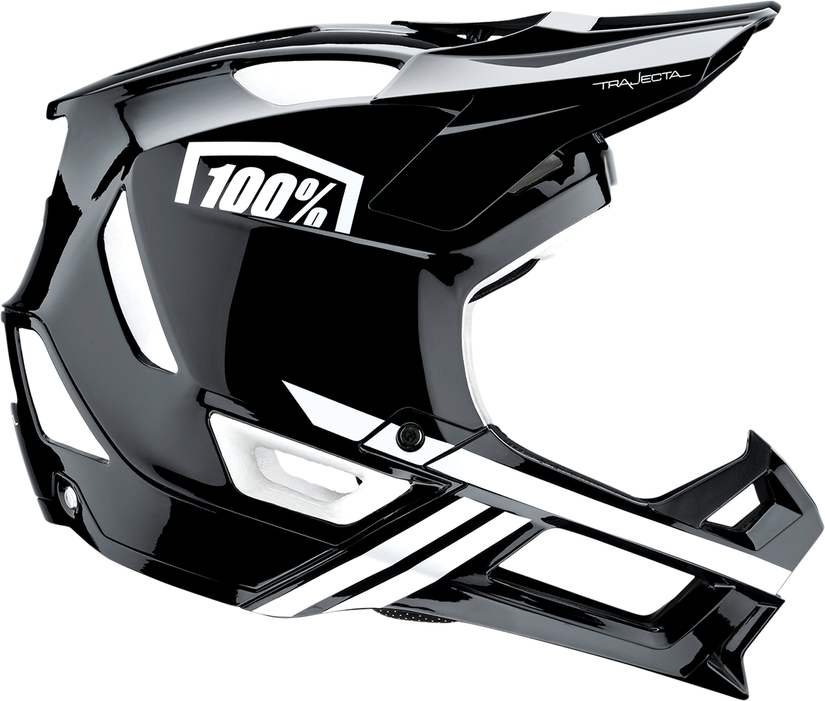 Bill's Exhausts 100% Trajecta bicycle helmet in black and white with Fidlock buckle, large size, designed for safe cycling.