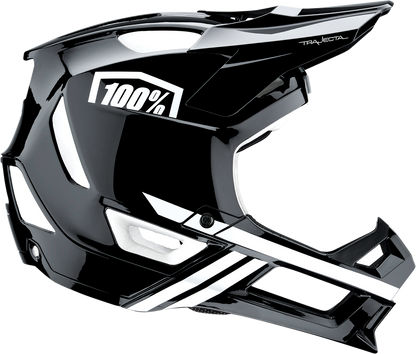 Bill's Exhausts 100% Trajecta bicycle helmet in black and white with Fidlock buckle, large size, designed for safe cycling.