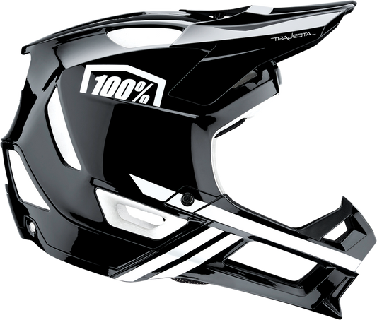 Bill's Exhausts 100% Trajecta bicycle helmet in black and white with Fidlock buckle, large size, designed for safe cycling.