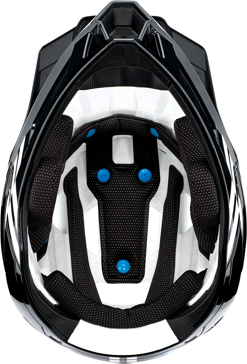 Bill's Exhausts 100% Trajecta bicycle helmet with Fidlock closure in black and white, XL size, showcasing sleek safety design.