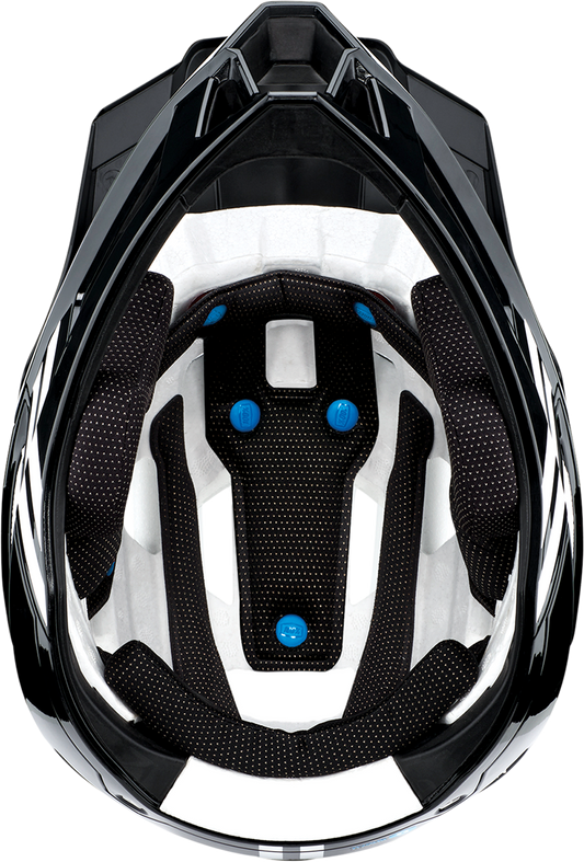 Bill's Exhausts 100% Trajecta bicycle helmet with Fidlock closure in black and white, XL size, showcasing sleek safety design.