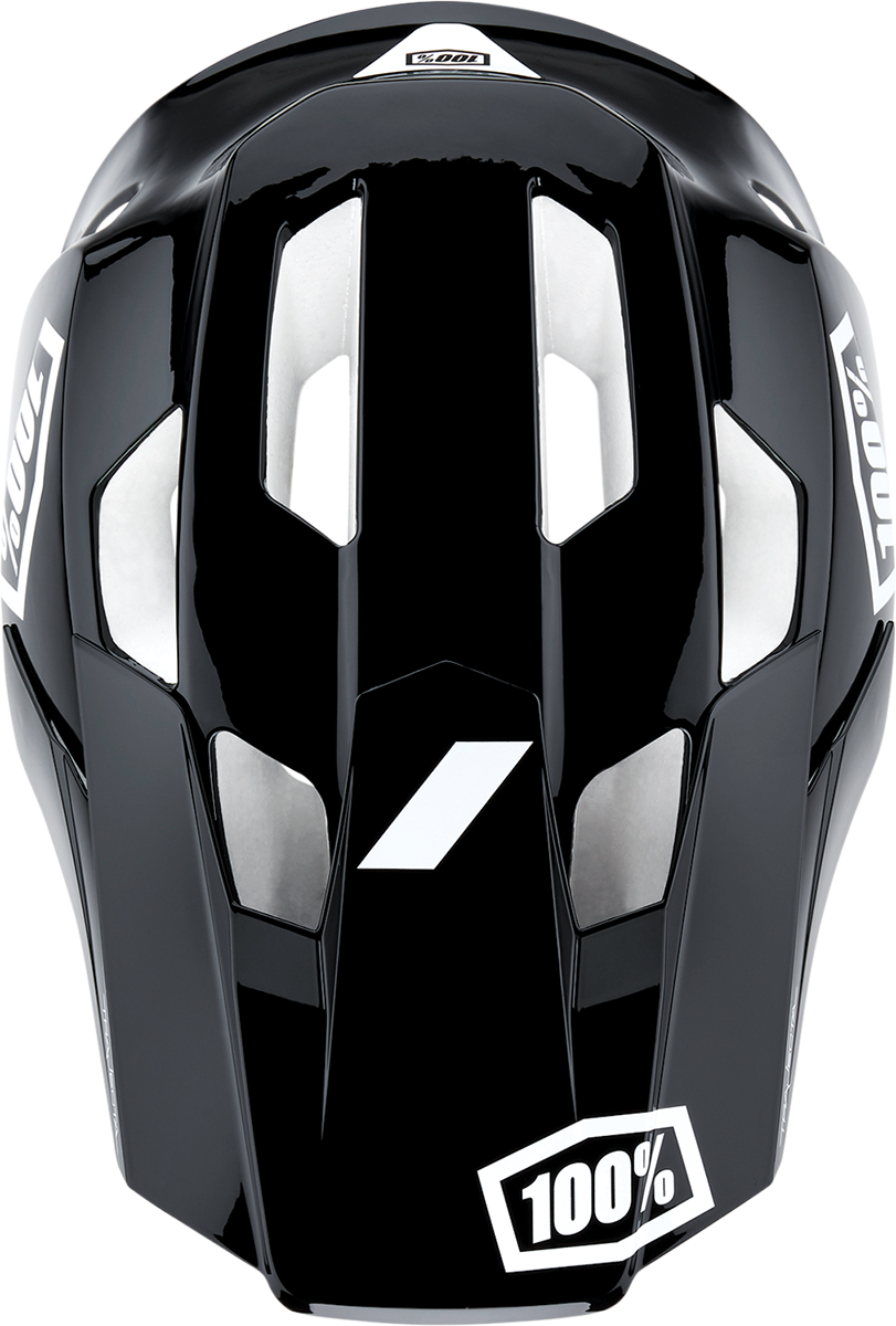 Black and white 100% Trajecta bicycle helmet with Fidlock buckle in XL size, featuring a sleek aerodynamic design.