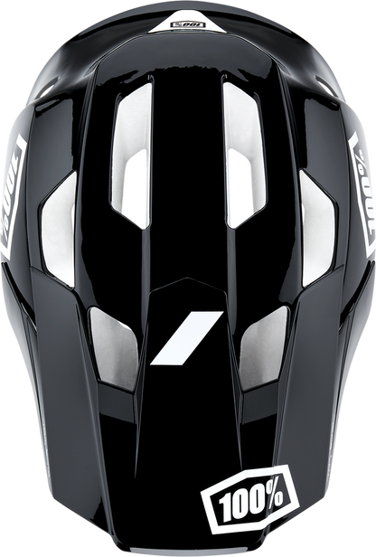 Black and white 100% Trajecta bicycle helmet with Fidlock buckle in XL size, featuring a sleek aerodynamic design.