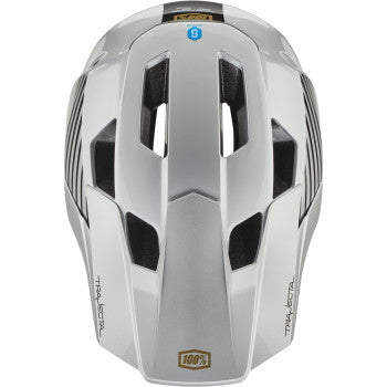 Silver 100% Trajecta bicycle helmet with Fidlock buckle in small size, designed for safe cycling by Bill's Exhausts.