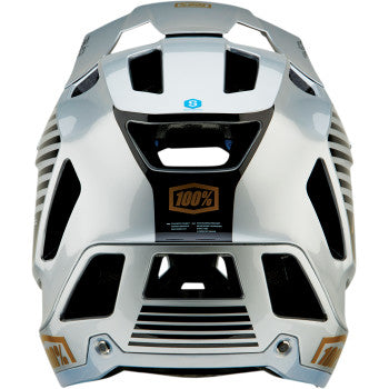 Silver 100% Trajecta bicycle helmet with Fidlock buckle, small size, from Bill's Exhausts, featuring a sleek, aerodynamic design.