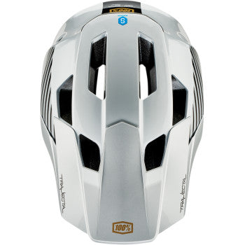 Silver 100% Trajecta bicycle helmet with Fidlock closure, XL size, featuring a sleek design for safety and comfort.