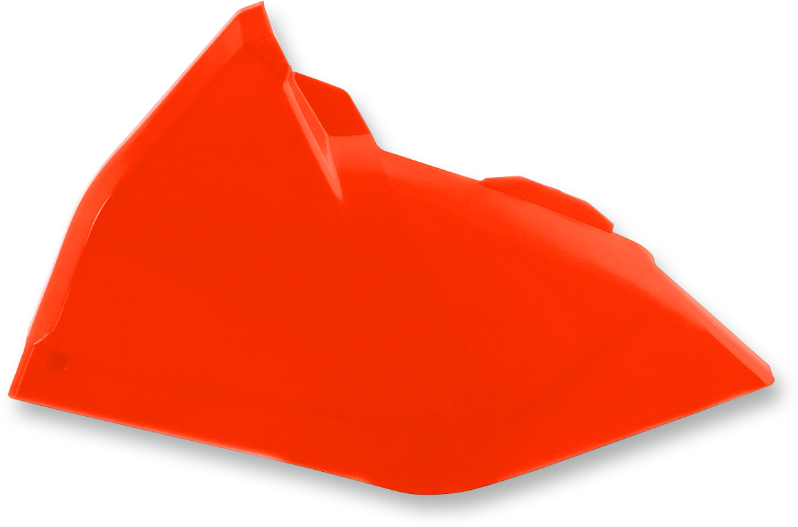 Acerbis fluorescent orange airbox cover for motorcycle, designed to fit Bill's Exhausts body for enhanced visibility and style.