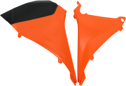 Acerbis Airbox Cover in orange and black for motorcycle, designed to fit and protect the air intake system.