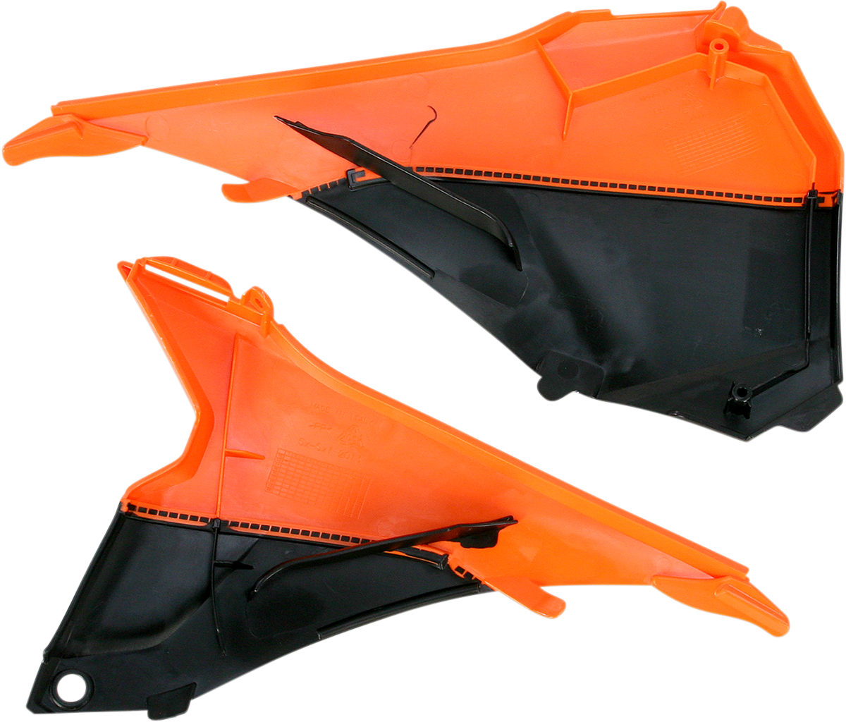 Acerbis Airbox Cover in orange and black, motorcycle body part with brand logo, designed for durability and style.