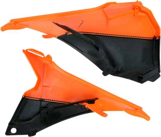 Acerbis Airbox Cover in orange and black, motorcycle body part with brand logo, designed for durability and style.