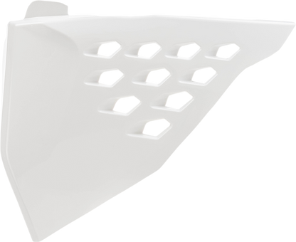 White Acerbis Airbox Cover with vents, designed for motorcycle air intake protection and airflow enhancement.