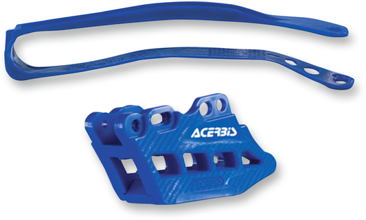 A blue ACERBIS Chain Guide 2.0 and Slider Kit installed on a Yamaha YZ250F/450F motorcycle, showing the chain guide and slider components.