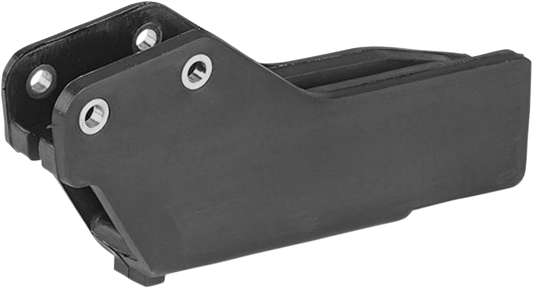 A black Acerbis chain guide for KTM motorcycles, shown mounted on the bike's body with mounting brackets visible.