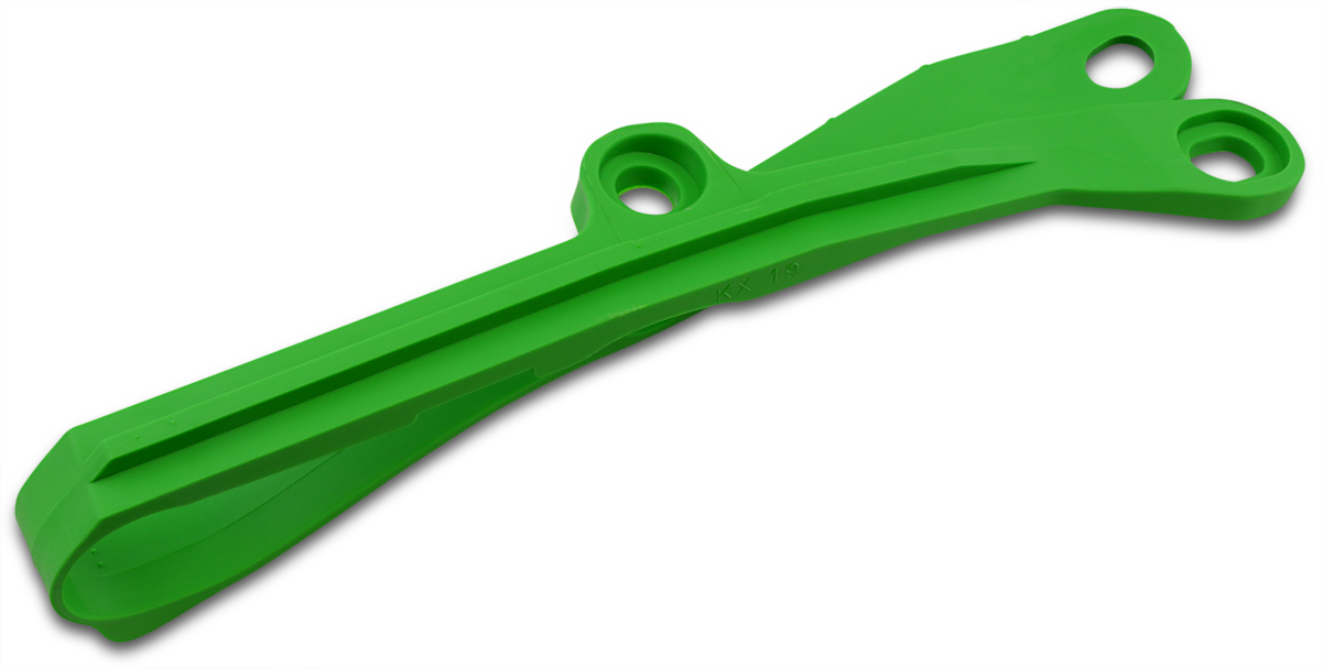 Green Acerbis chain slider for Kawasaki motorcycle, designed to protect the chain and swingarm, with visible brand and product details.