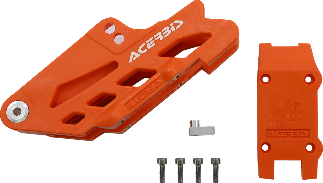 Orange Acerbis complete chain guide block for KTM, Gas Gas, Husqvarna, and Sherco bikes, shown on a motorcycle body.