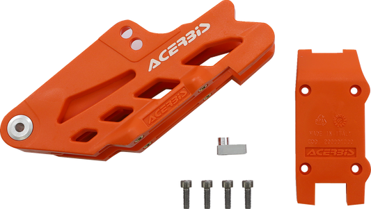 Orange Acerbis complete chain guide block for KTM, Gas Gas, Husqvarna, and Sherco bikes, shown on a motorcycle body.