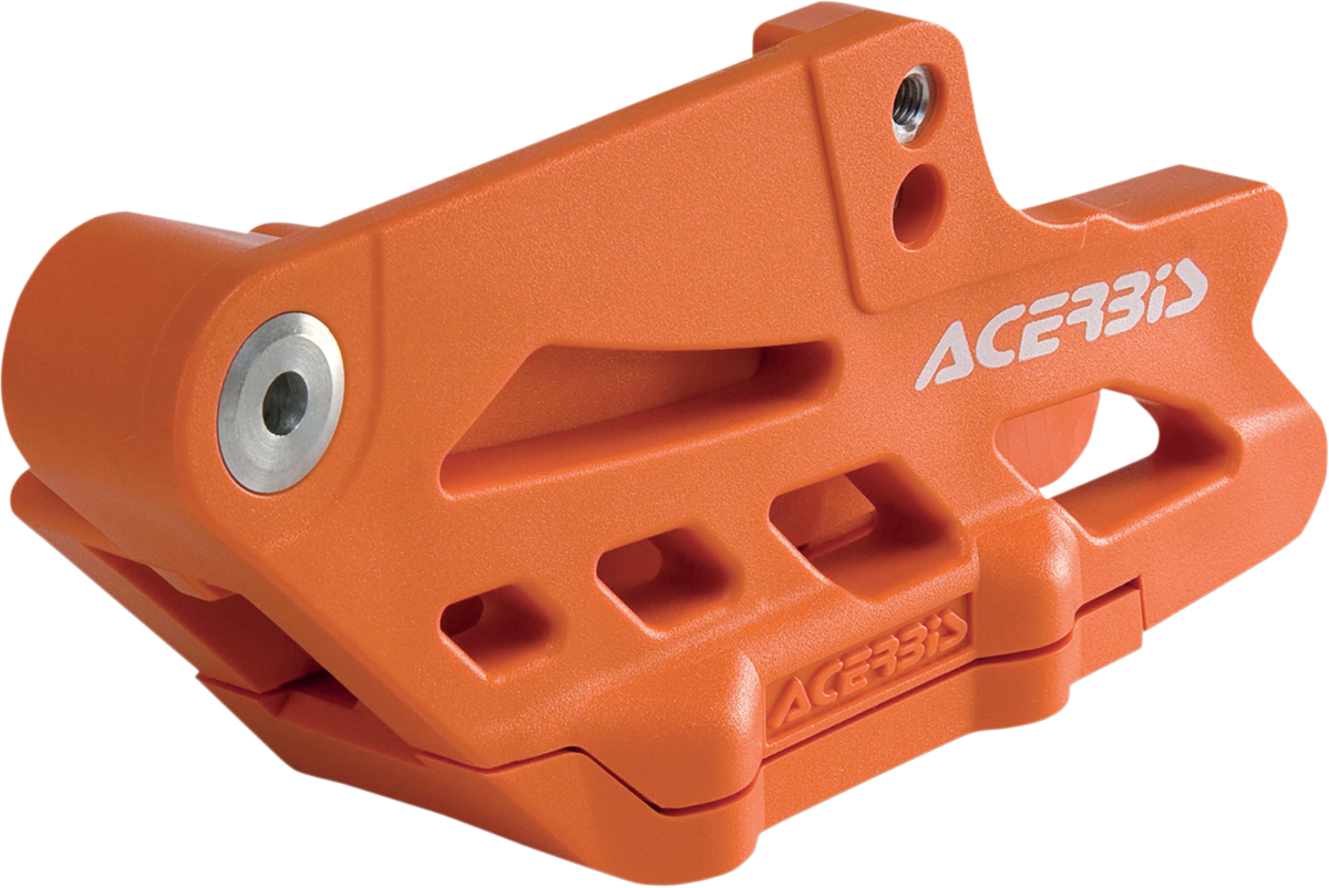 Orange Acerbis complete chain guide block for KTM, Gas Gas, Husqvarna, and Sherco bikes, mounted on motorcycle frame.