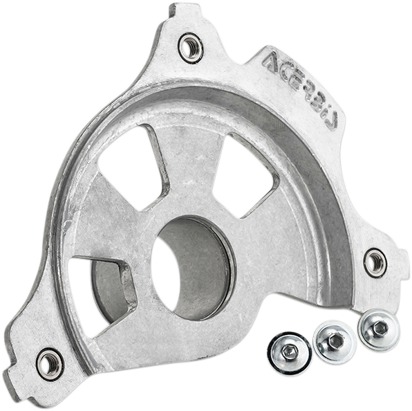 Unfinished Acerbis disc cover mount kit for GasGas motorcycles, shown on a body panel with mounting hardware included.