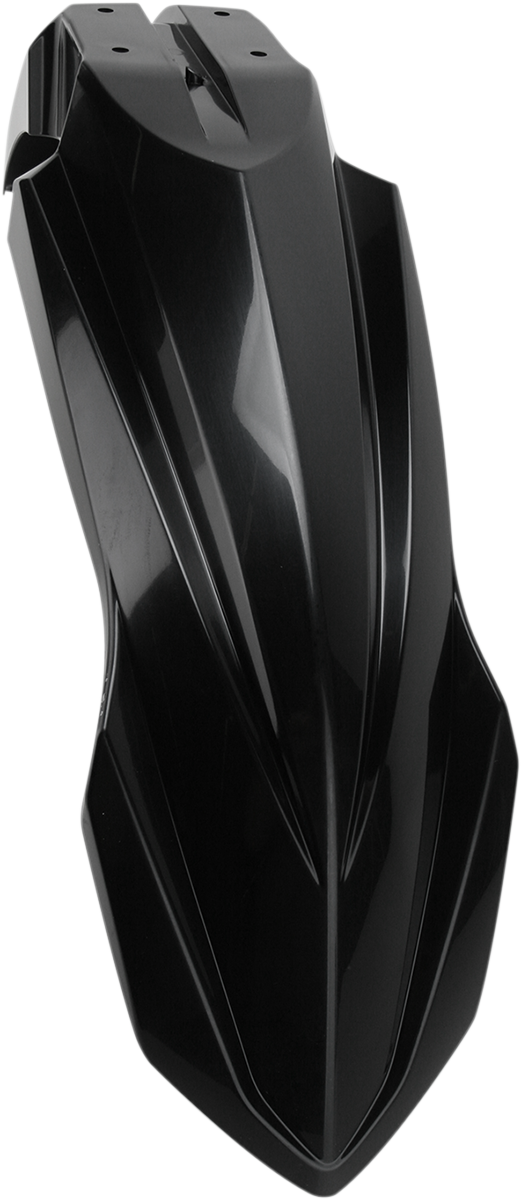 Acerbis black front fender for motorcycle, mounted on bike, showcasing durable plastic body and sleek design.