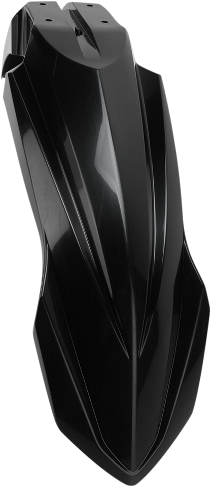 Acerbis black front fender for motorcycle, mounted on bike, showcasing durable plastic body and sleek design.