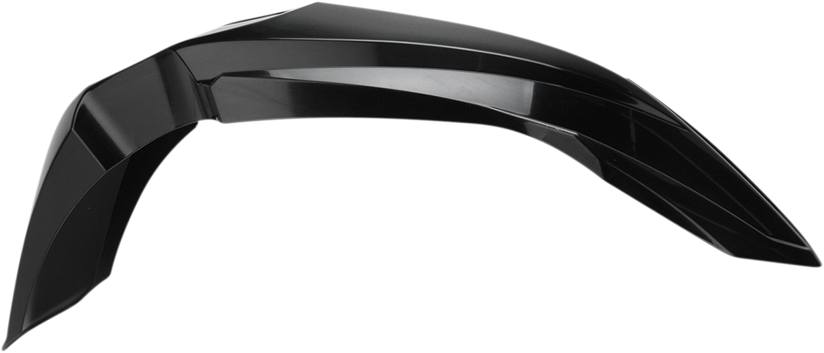 Acerbis black front fender motorcycle body part displayed, designed for off-road or dirt bikes, with sleek black finish and durable material.