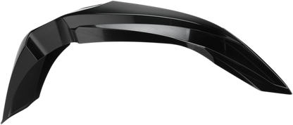 Acerbis black front fender motorcycle body part displayed, designed for off-road or dirt bikes, with sleek black finish and durable material.