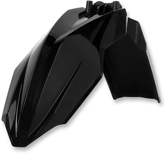 Black Acerbis front fender for motorcycle, shown on a body part image, designed for durability and fitting with Acerbis brand products.