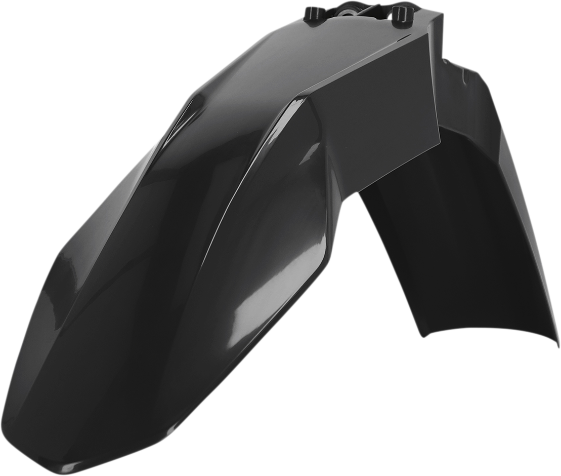 Black Acerbis front fender for motorcycle, featuring a durable body design with mounting points and a sleek finish.
