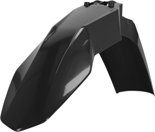 Black Acerbis front fender for motorcycle, featuring a durable body design with mounting points and a sleek finish.