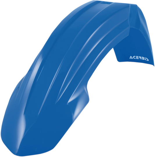 Blue Acerbis front fender for motorcycle, body part, with mounting points and aerodynamic design, shown in a close-up image.