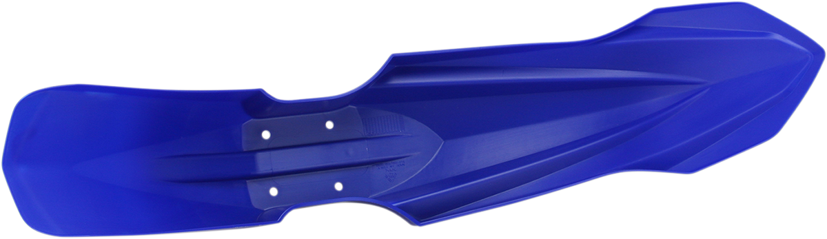Acerbis blue front fender for motorcycle, mounted on bike, showcasing vibrant blue color and aerodynamic design.