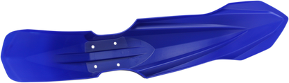 Acerbis blue front fender for motorcycle, mounted on bike, showcasing vibrant blue color and aerodynamic design.